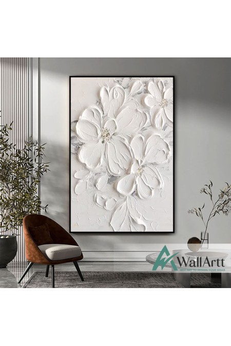 Embossed White Flowers 3d Heavy Textured Partial Oil Painting